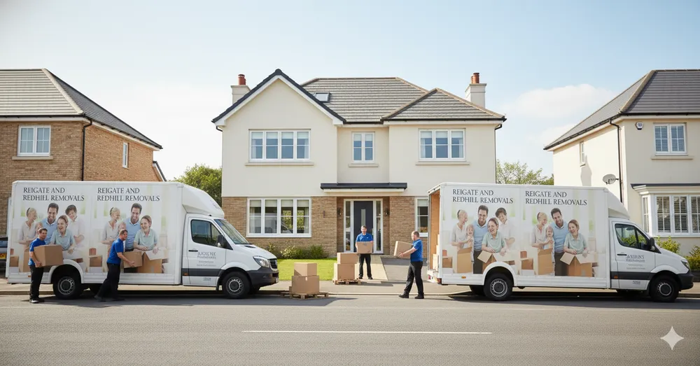 Two removals vans with three staff outside a home